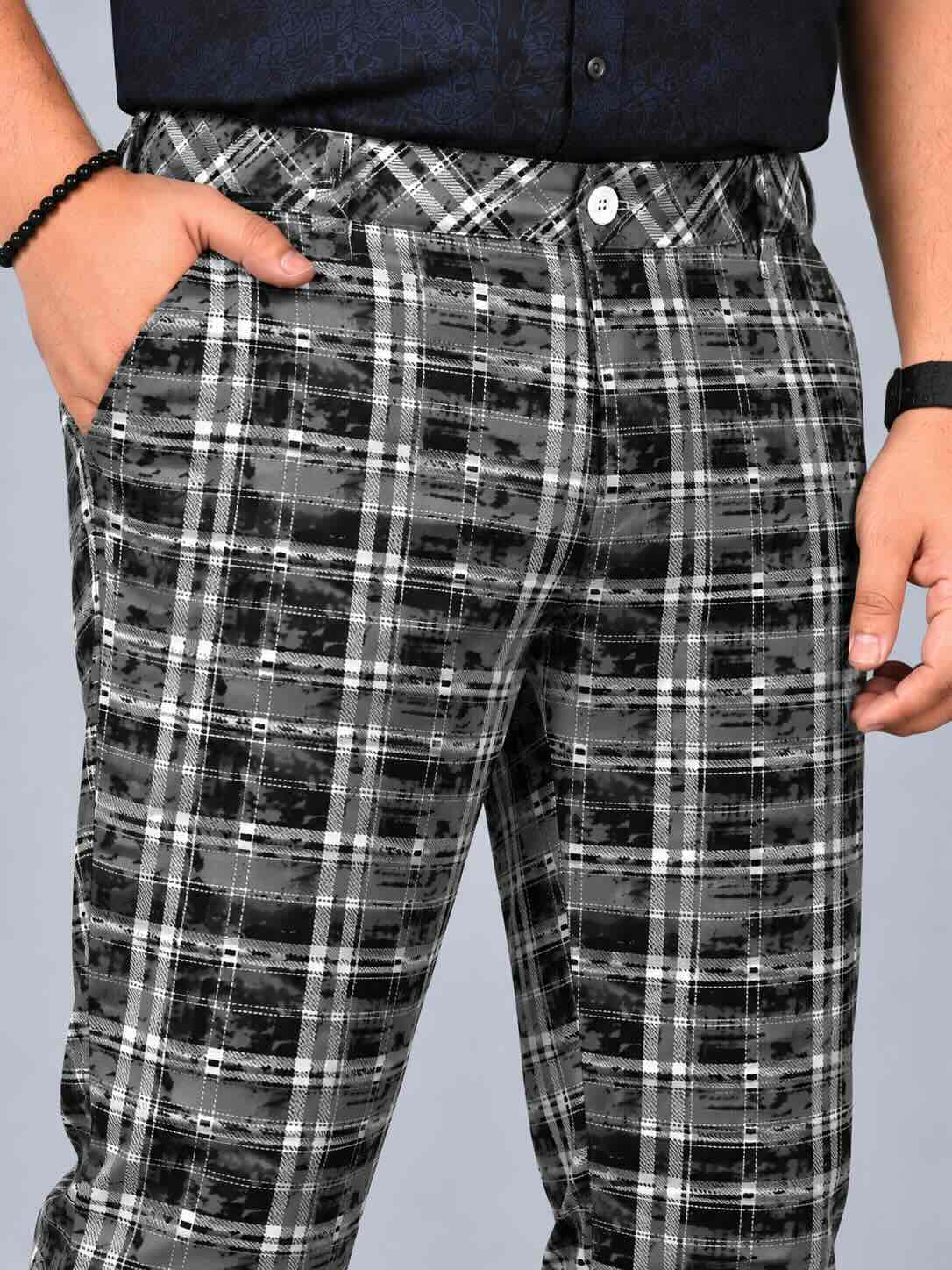Classic Stone Checks Printed Twill Lycra Men's Plus Size Full Pant