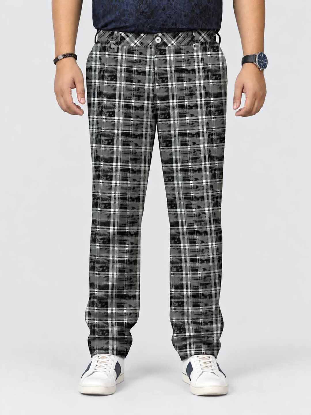 Classic Stone Checks Printed Twill Lycra Men's Plus Size Full Pant