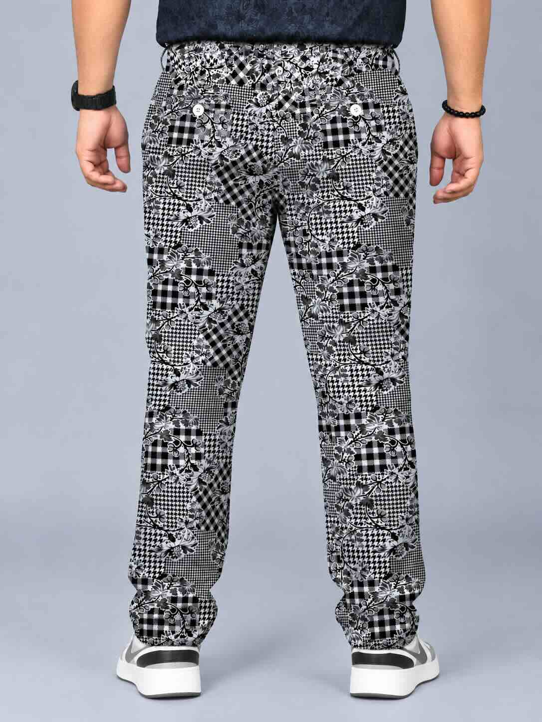 Floral Check Fusion Printed Twill Lycra Men's Plus Size Full Pant