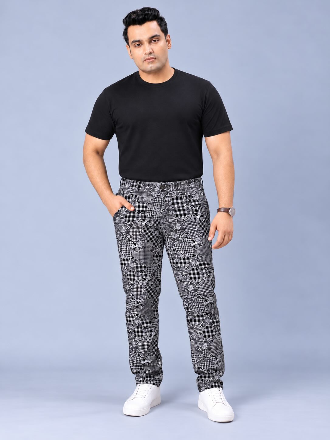 Floral Check Fusion Printed Twill Lycra Men's Plus Size Full Pant