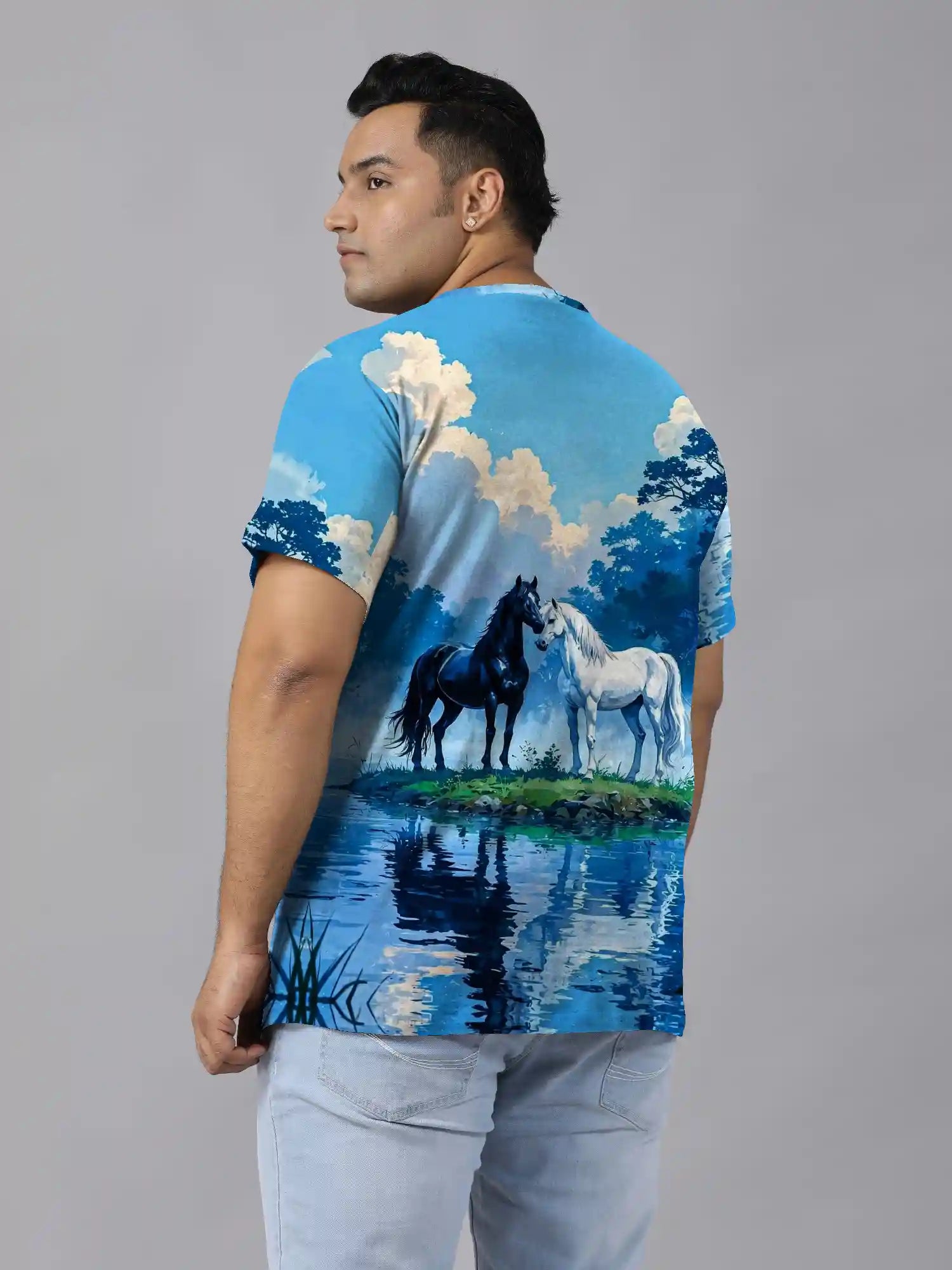 Black & White Horses Digital Printed Plus Size T-shirt