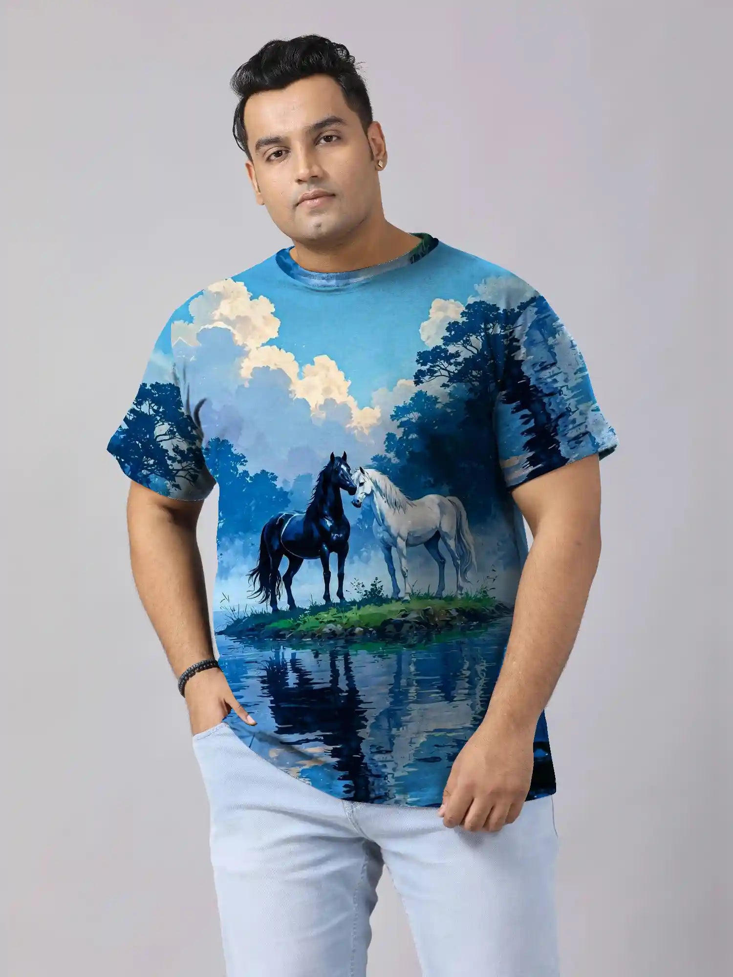 Black & White Horses Digital Printed Plus Size T-shirt