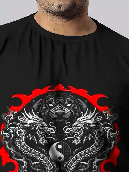 Black Red Dragon Digital Printed Plus Size T-shirt