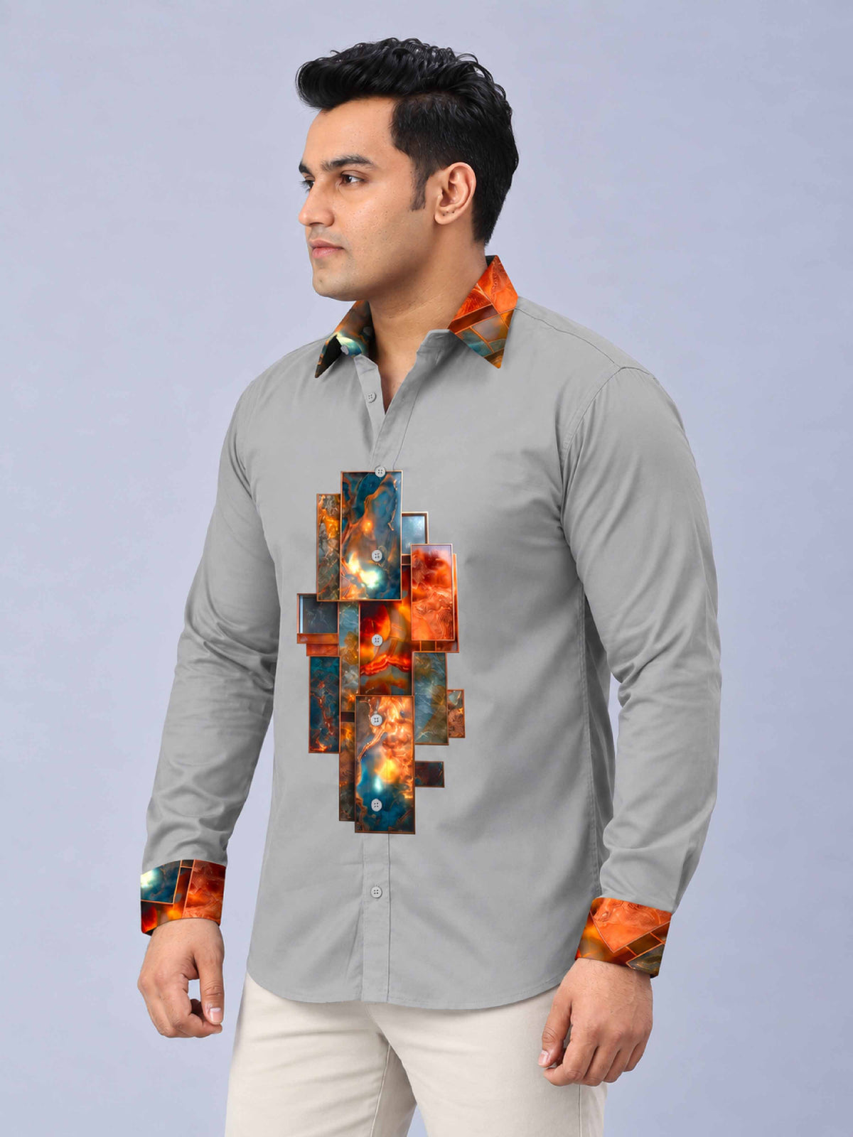 Ocean Ember Digital Printed Men's Plus Size Silk Full Shirt