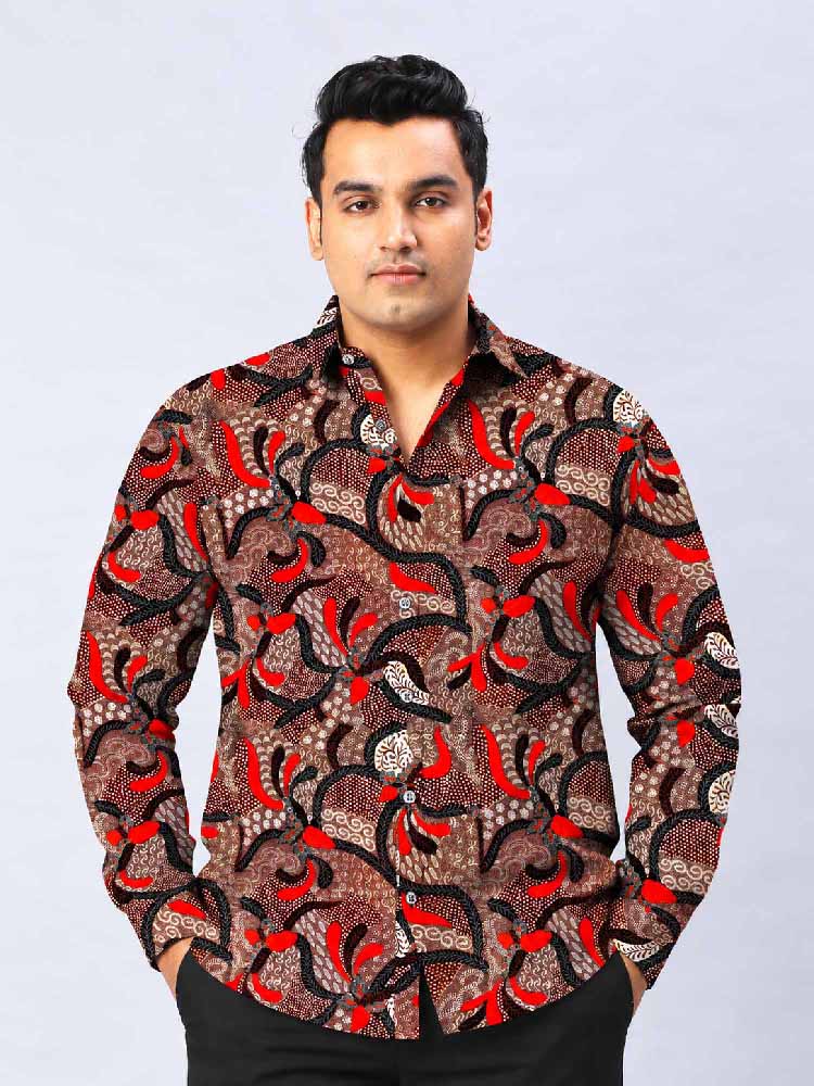 Indonesians Batik Digital Printed Men's Plus Size Silk Full Shirt
