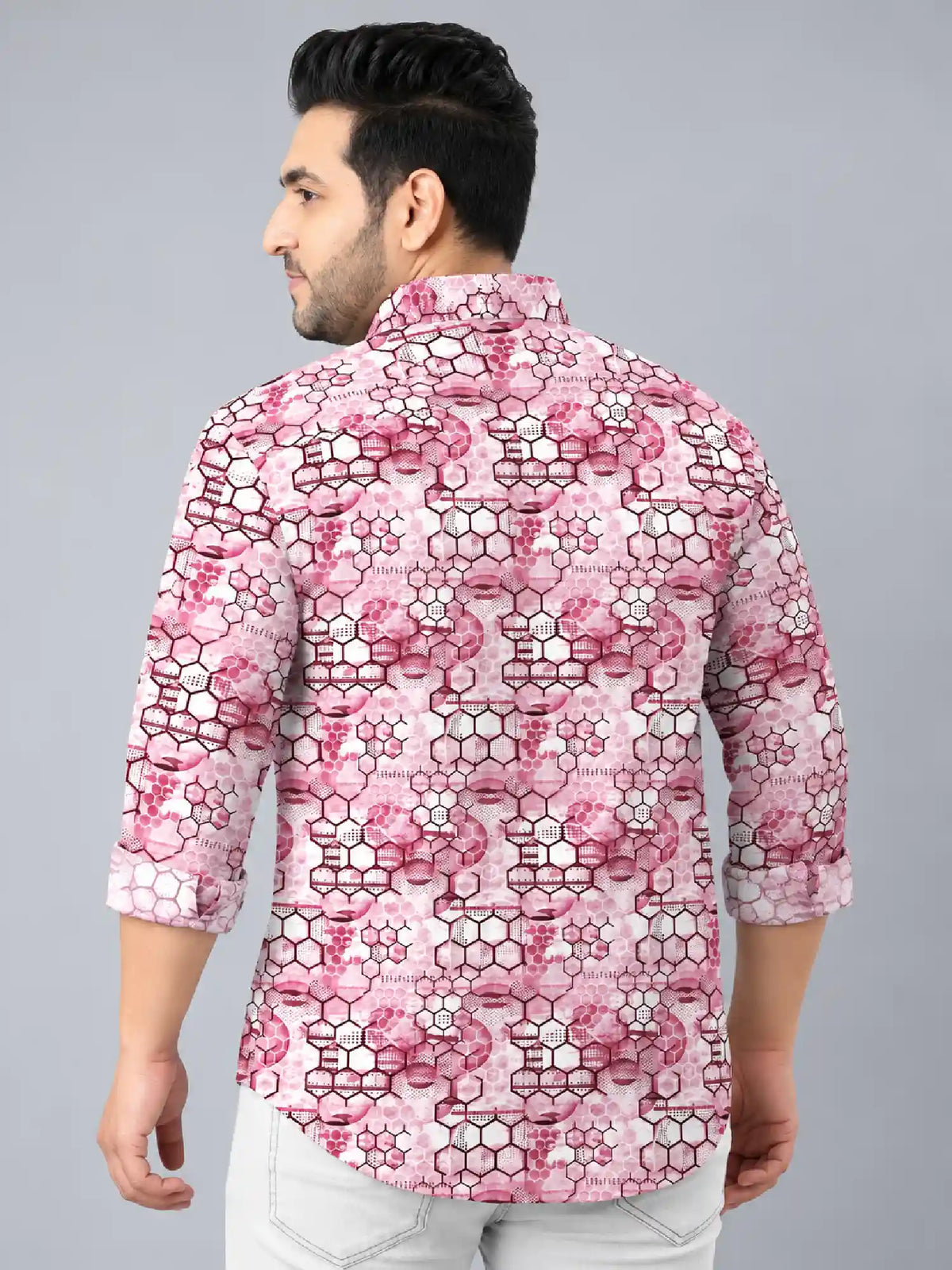 Hexagonal Grids Digital Printed Men's Plus Size Full Sleeve Shirt