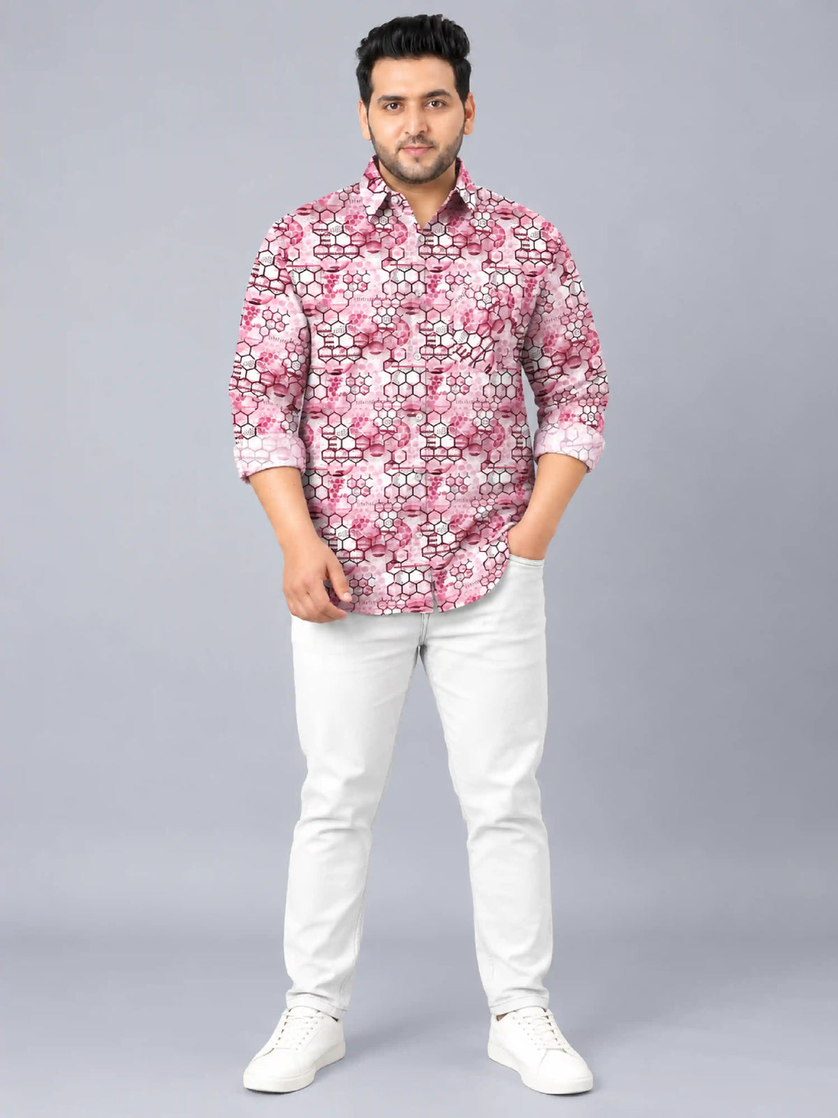 Hexagonal Grids Digital Printed Men's Plus Size Full Sleeve Shirt