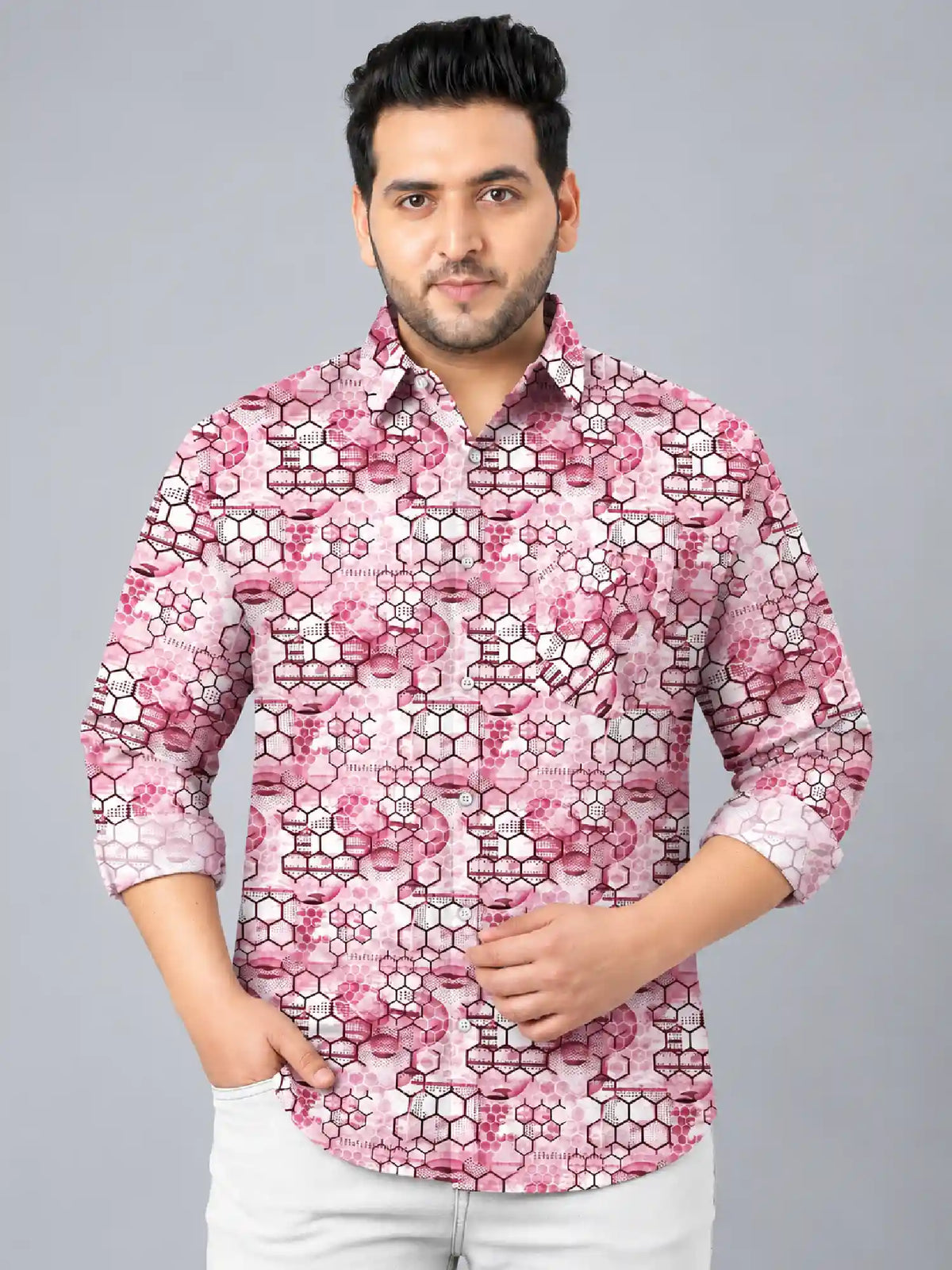 Hexagonal Grids Digital Printed Men's Plus Size Full Sleeve Shirt
