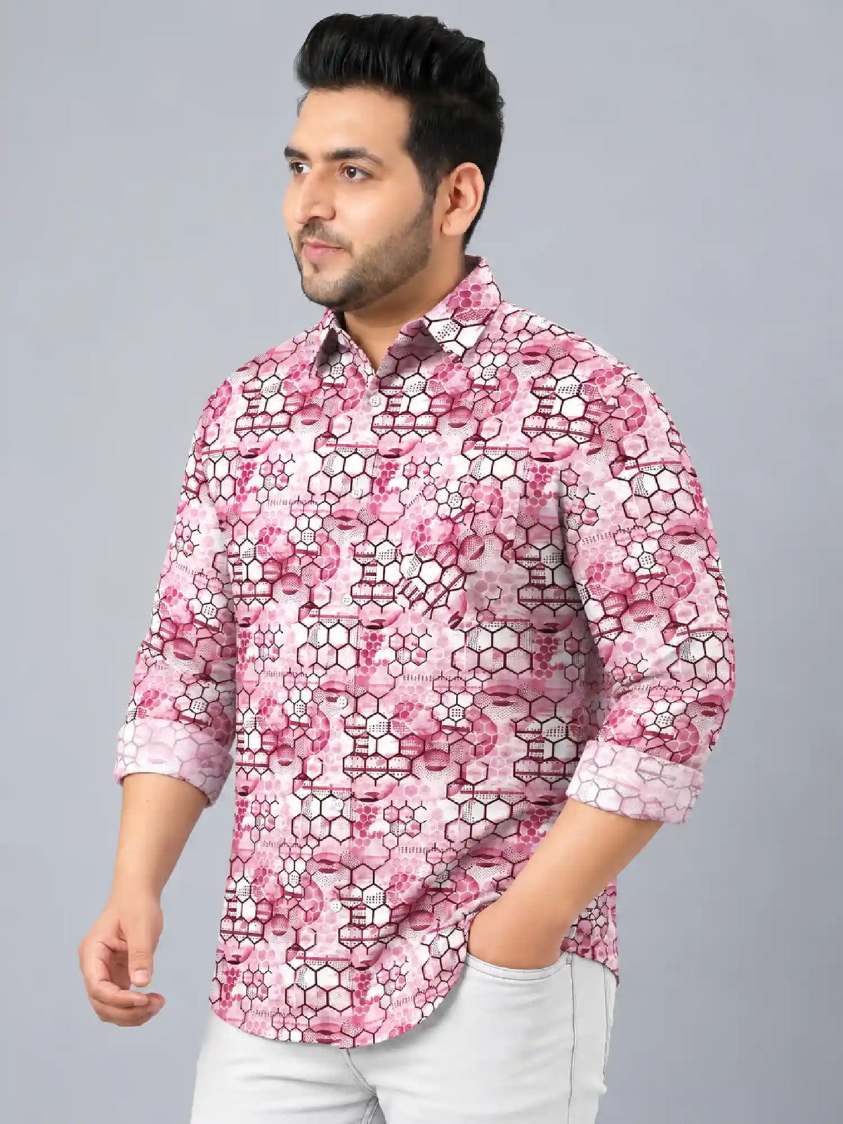 Hexagonal Grids Digital Printed Men's Plus Size Full Sleeve Shirt