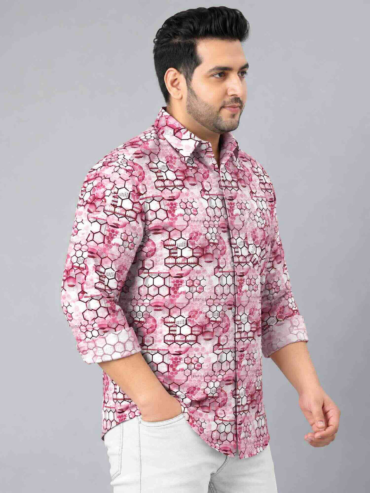 Hexagonal Grids Digital Printed Men's Plus Size Full Sleeve Shirt