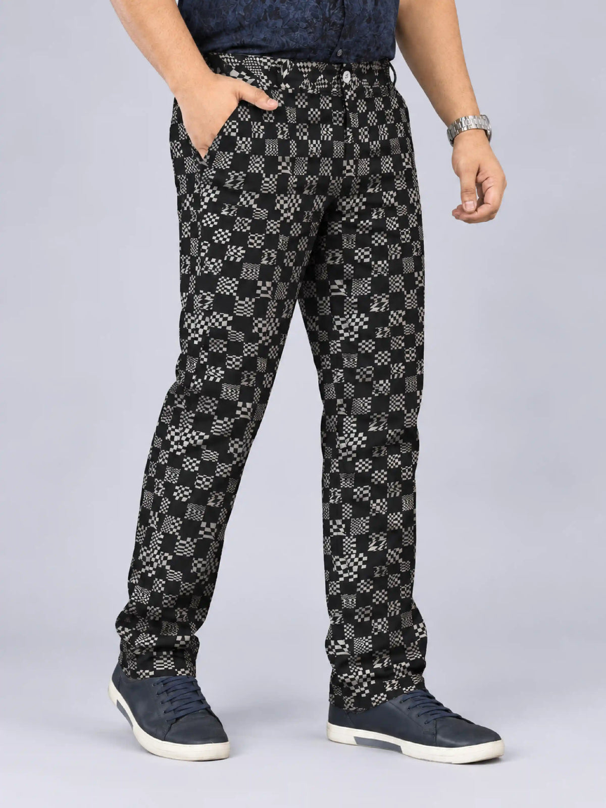 Check Matrix Digital Printed Twill Lycra Men's Plus Size Full Pant