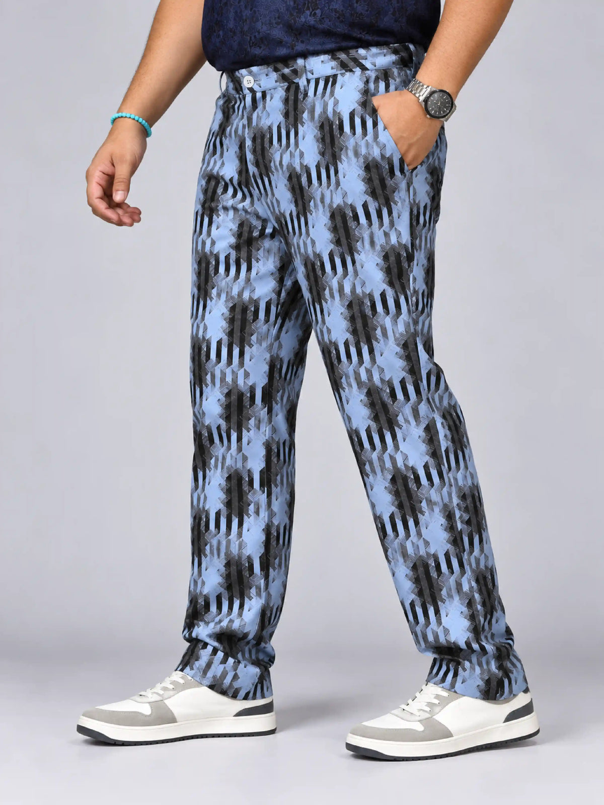 Plaid Stripe Digital Printed Twill Lycra Men's Plus Size Full Pant