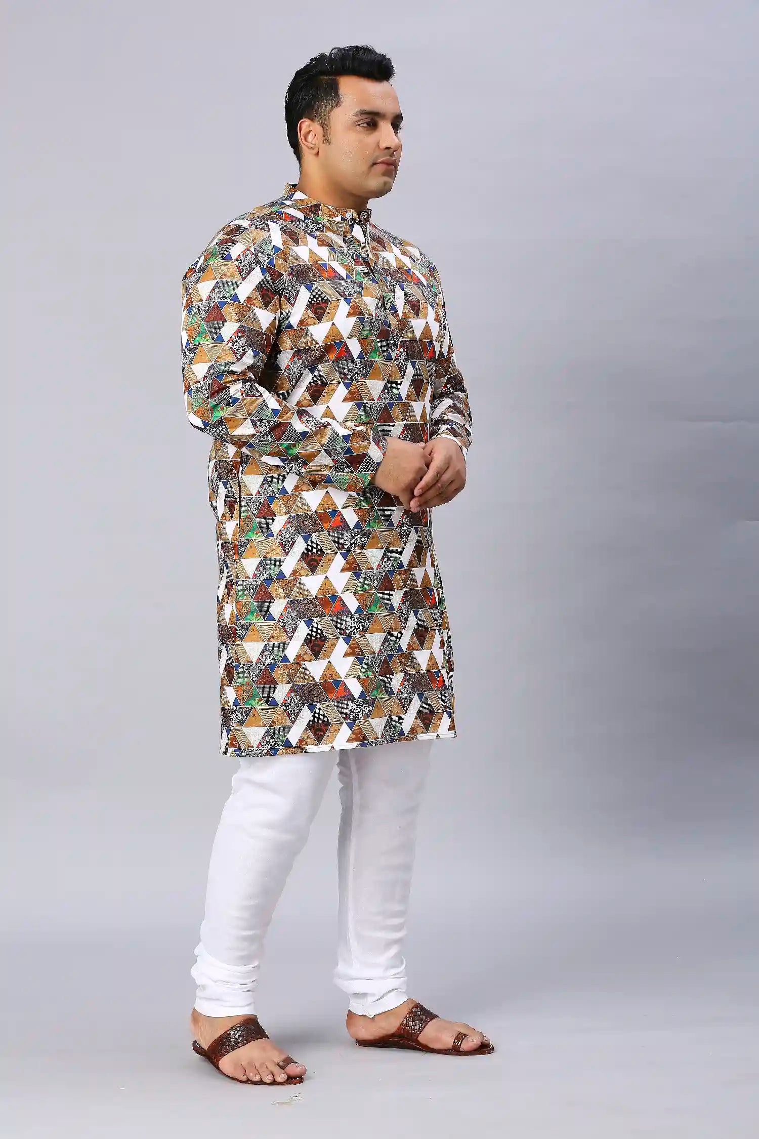 Almond Digital Printed Men's Plus Size Kurta