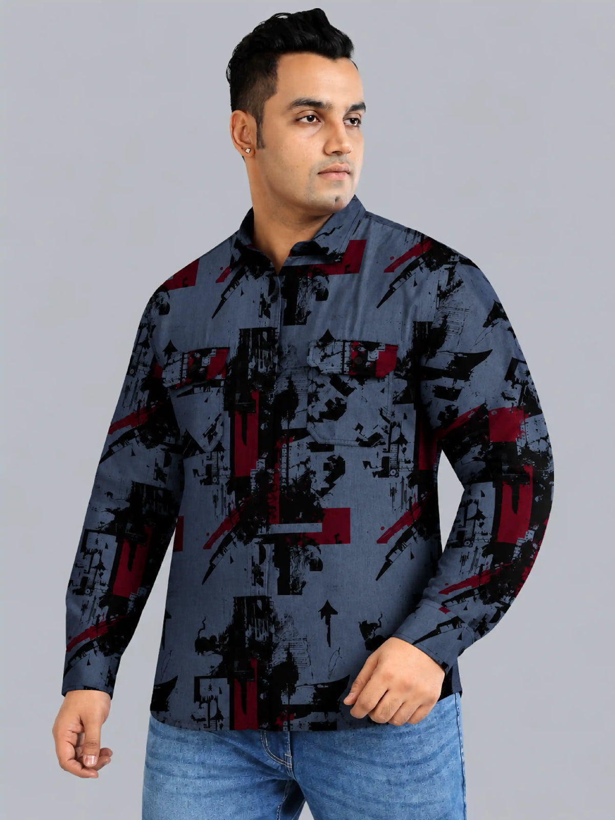 Urban Chaos Denim Printed Men's Plus Size Double Pocket Full Sleeve Shirt