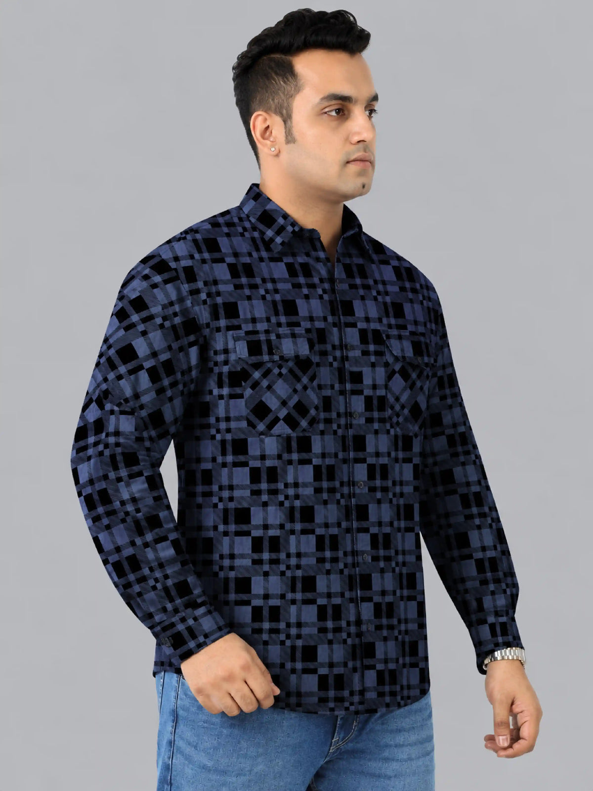 Black checks Denim Printed Men's Plus Size Double Pocket Full Sleeve Shirt