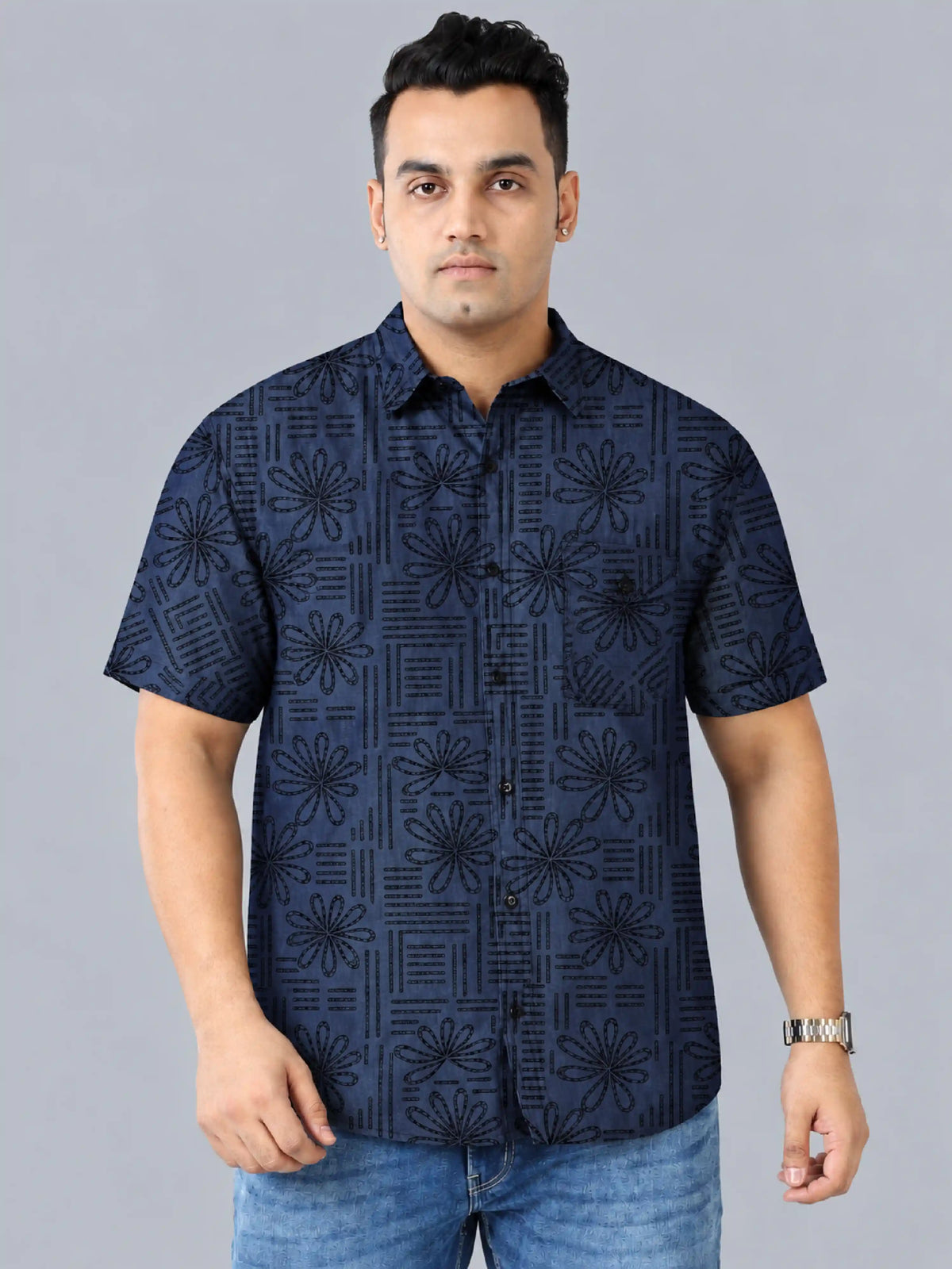 Bloom Line Denim Printed Men's Plus Size Single Pocket Half Sleeve Shirt
