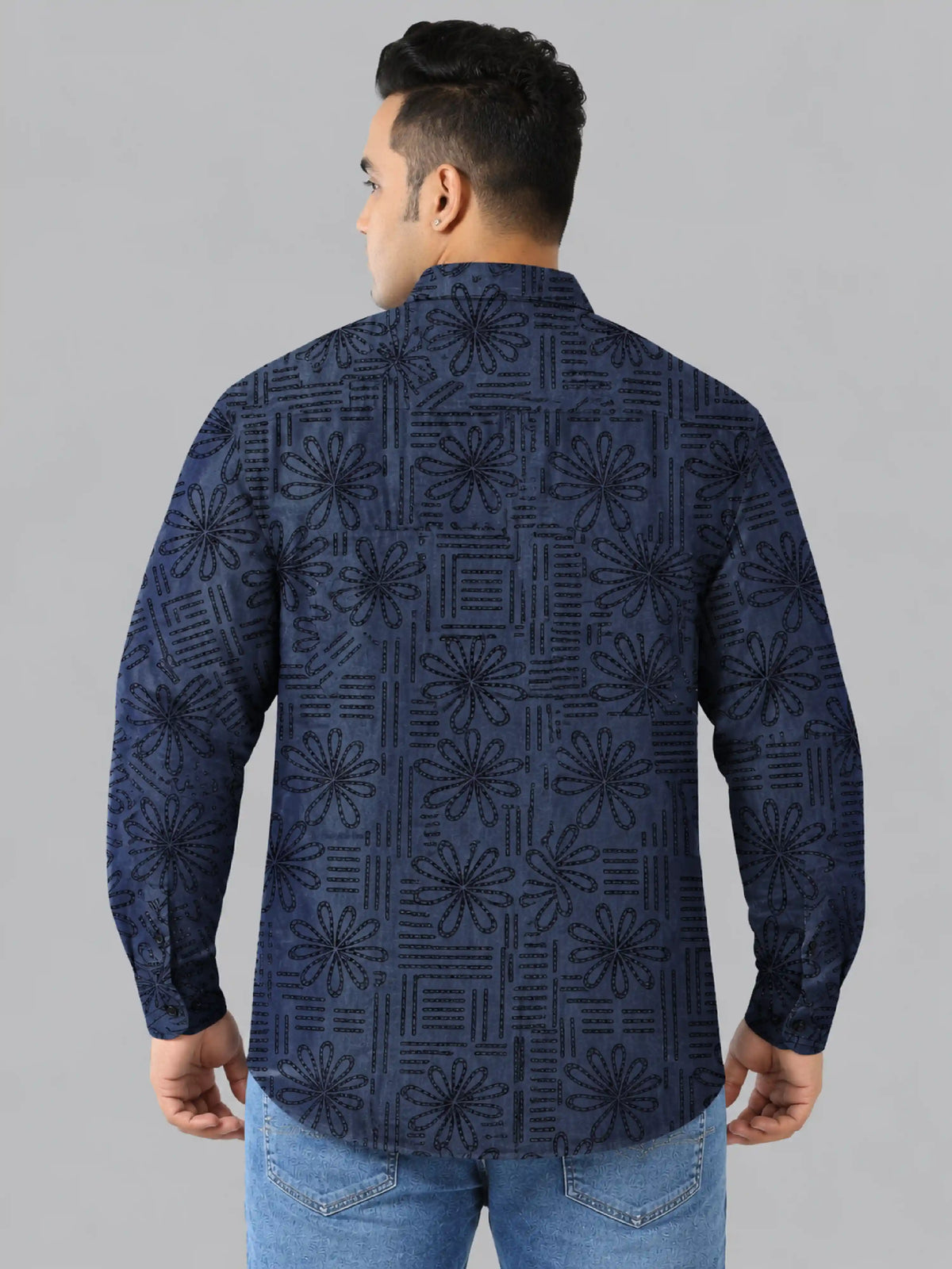 Bloom Line Denim Printed Men's Plus Size Double Pocket Full Sleeve Shirt