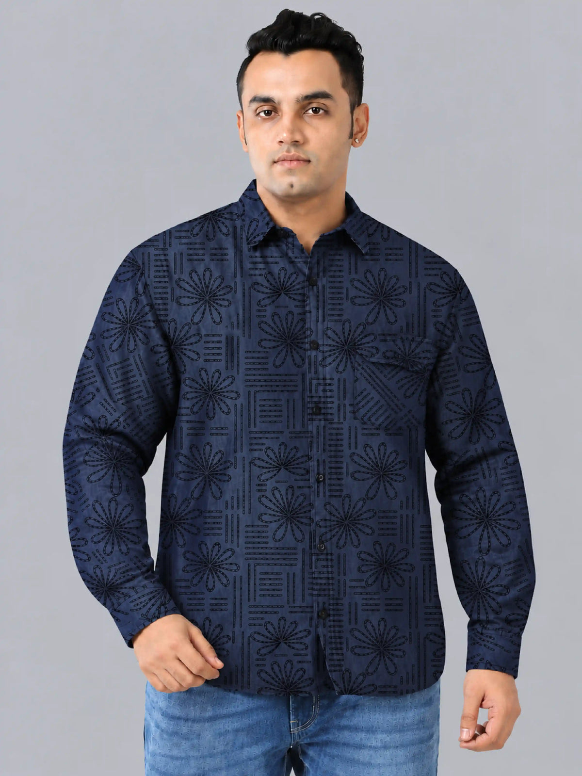 Bloom Line Denim Printed Men's Plus Size SinglePocket Full Sleeve Shirt