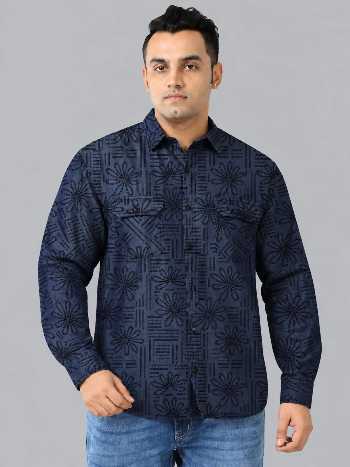 Bloom Line Denim Printed Men's Plus Size Double Pocket Full Sleeve Shirt