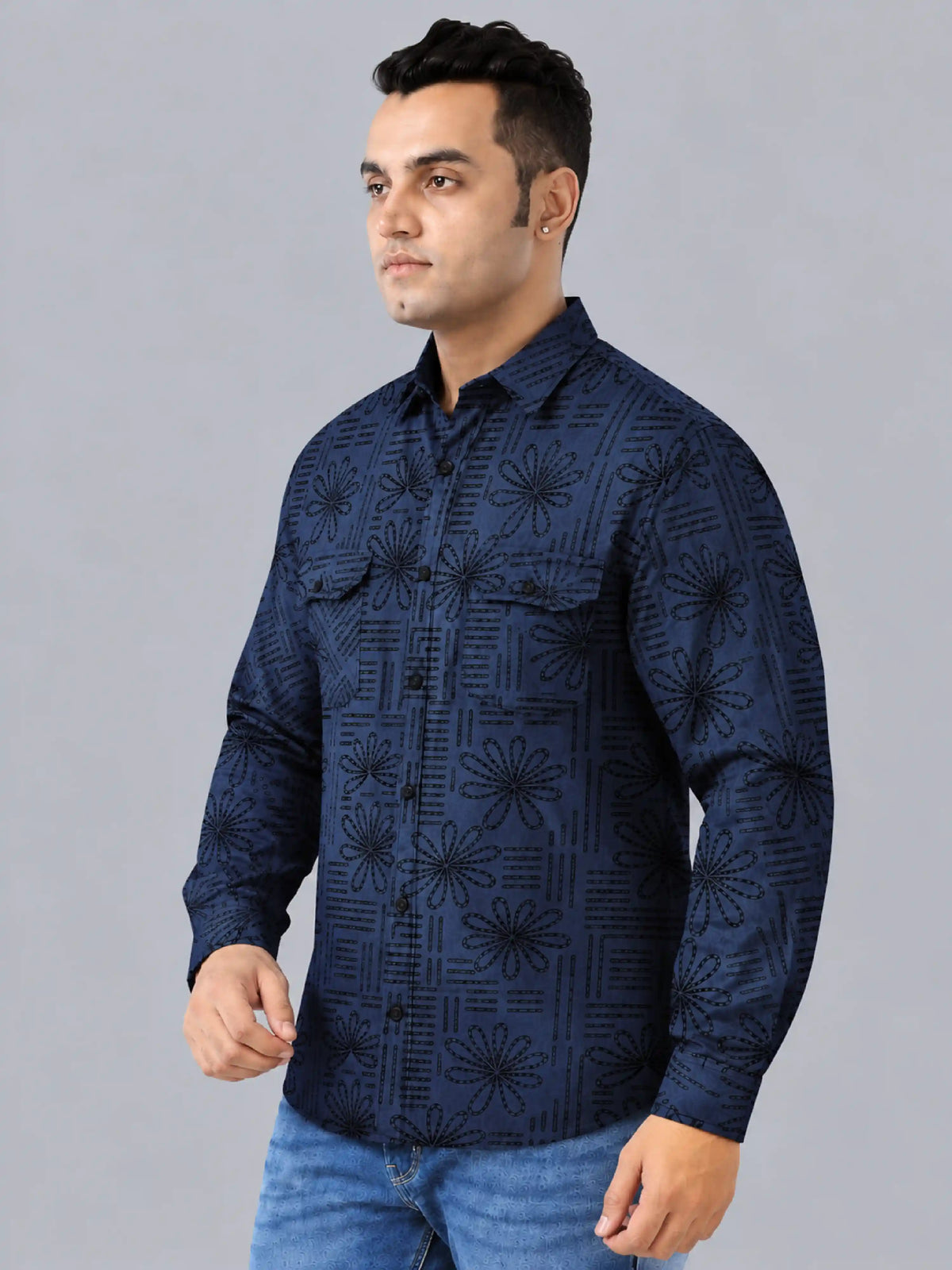 Bloom Line Denim Printed Men's Plus Size SinglePocket Full Sleeve Shirt