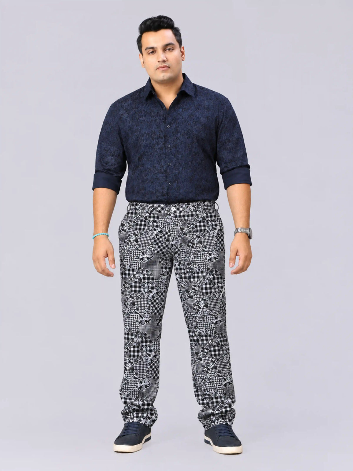 Checkered Floral Digital Printed Twill Lycra Men's Plus Size Full Pant