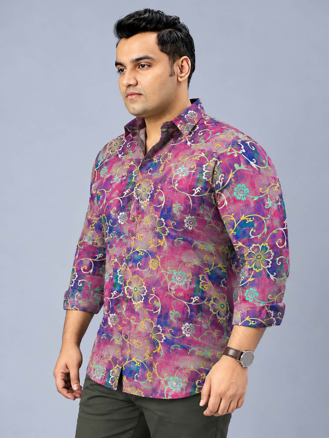 Gold Floral Digital Printed Men's Plus Size Full Sleeve Shirt