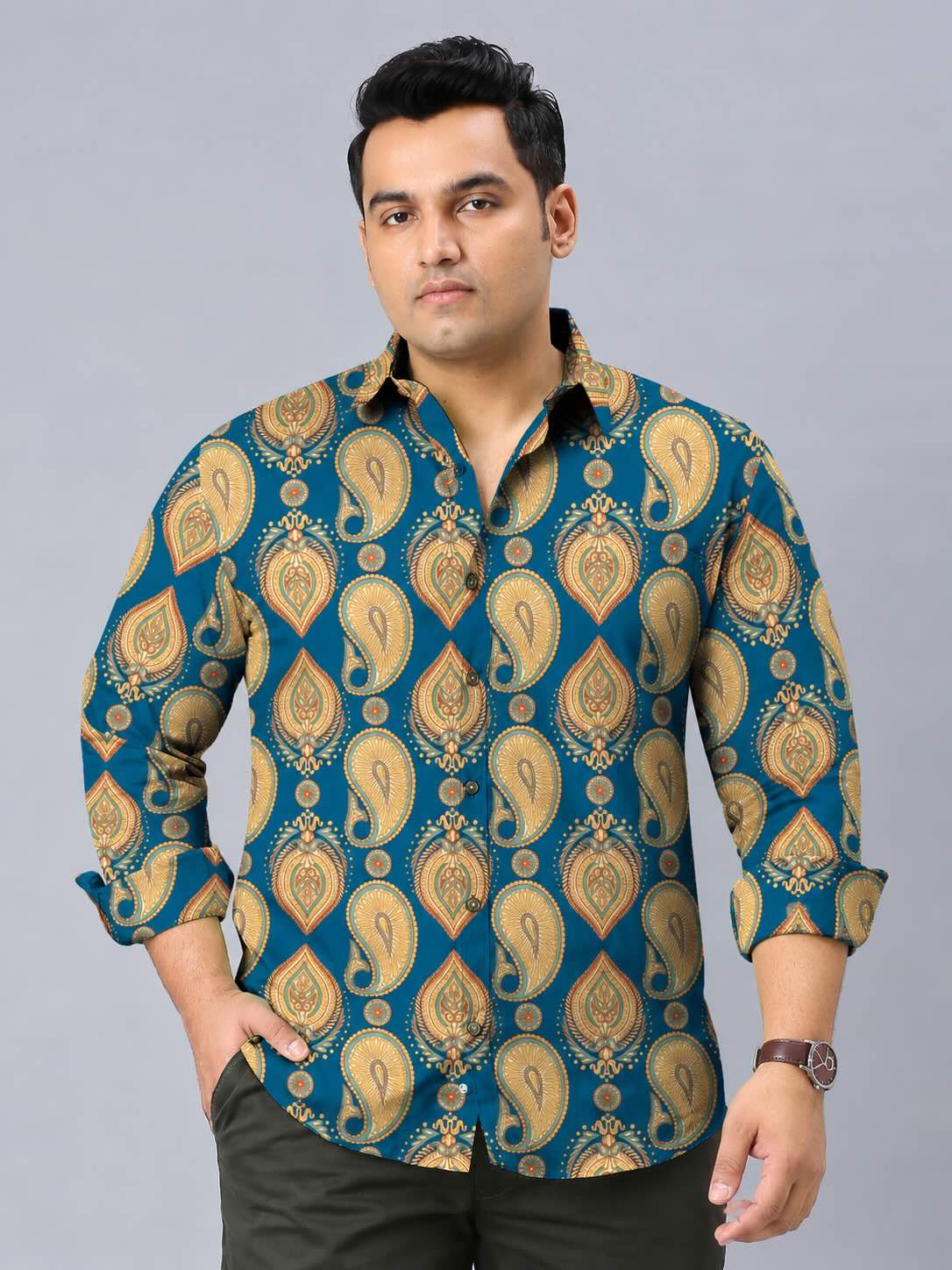 Paisley Pattern Digital Printed Men's Plus Size Full Sleeve Shirt