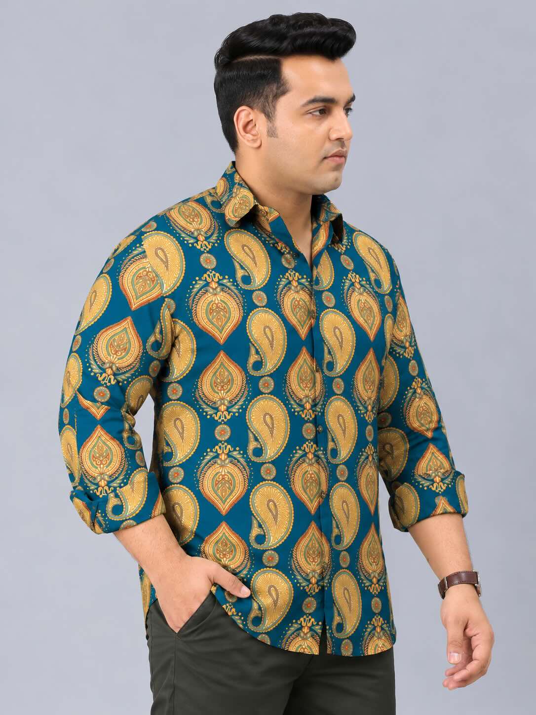 Paisley Pattern Digital Printed Men's Plus Size Full Sleeve Shirt