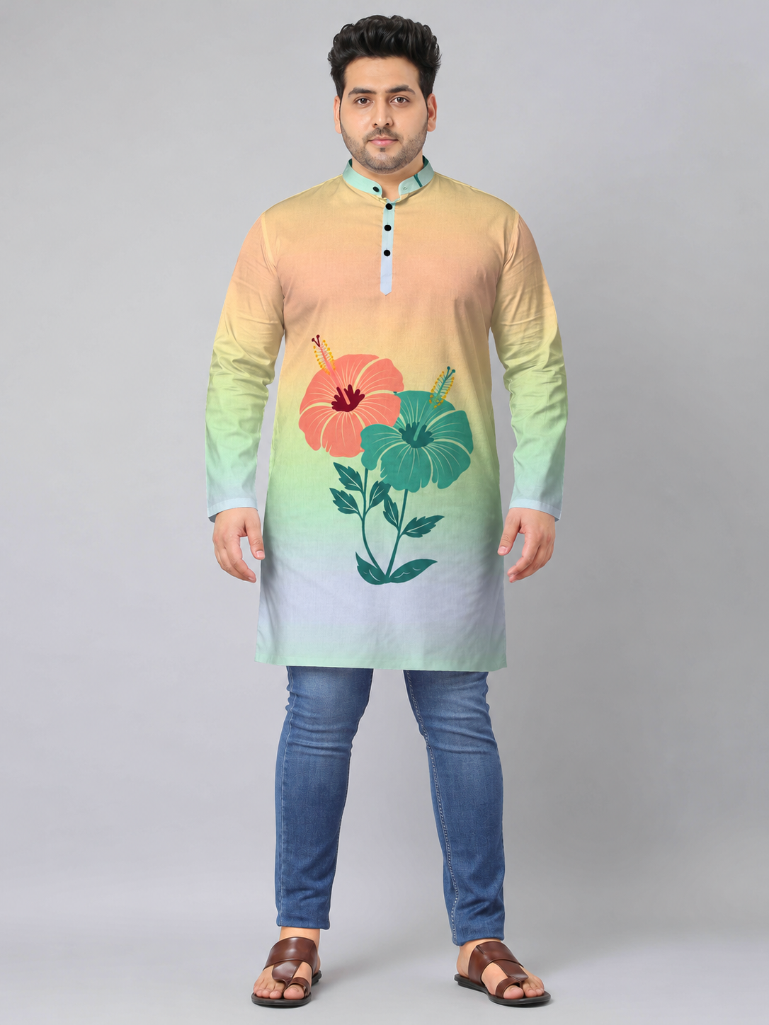Pastel Hibiscus Digital Printed Men's Plus Size Kurta