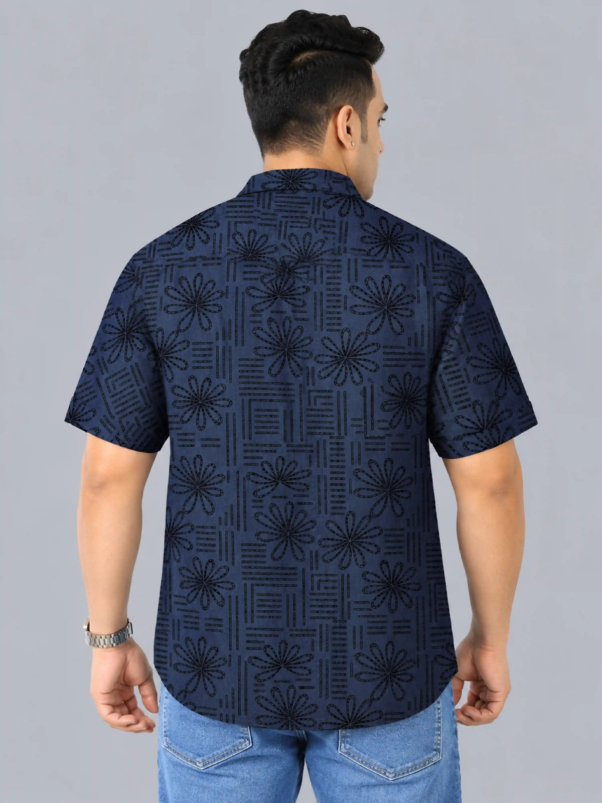 Bloom Line Denim Printed Men's Plus Size Single Pocket Half Sleeve Shirt