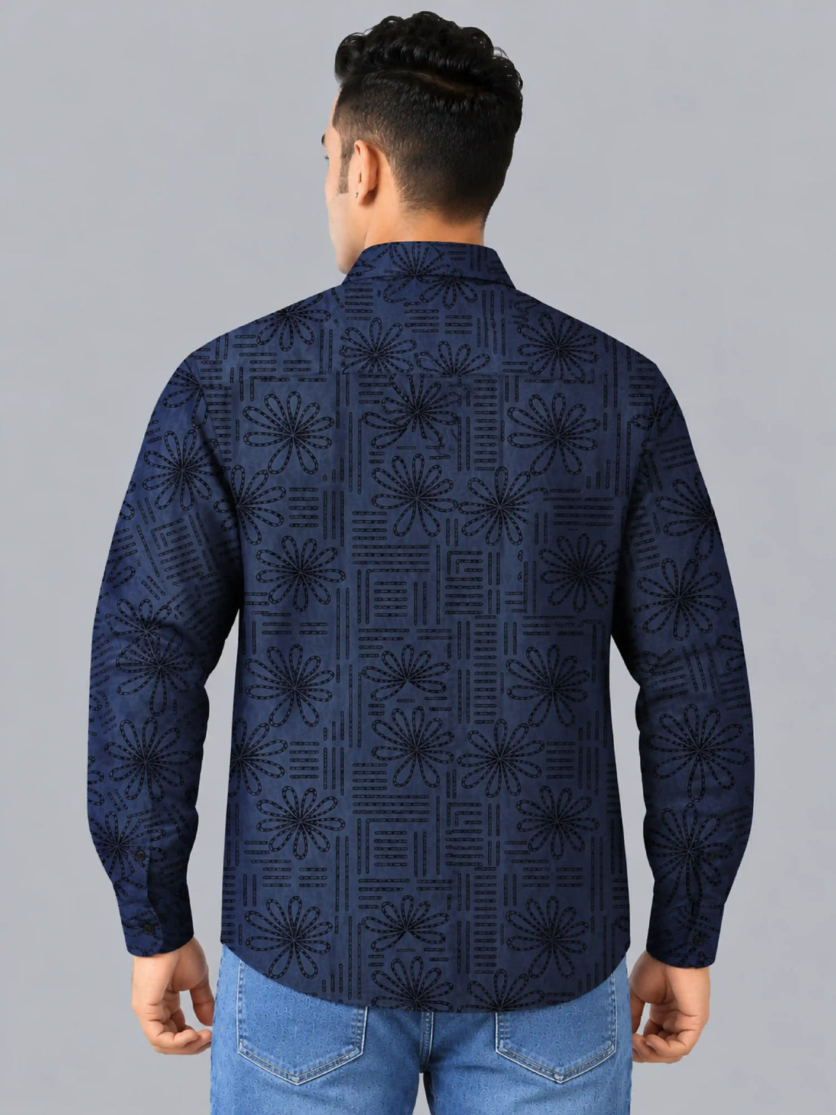 Bloom Line Denim Printed Men's Plus Size SinglePocket Full Sleeve Shirt