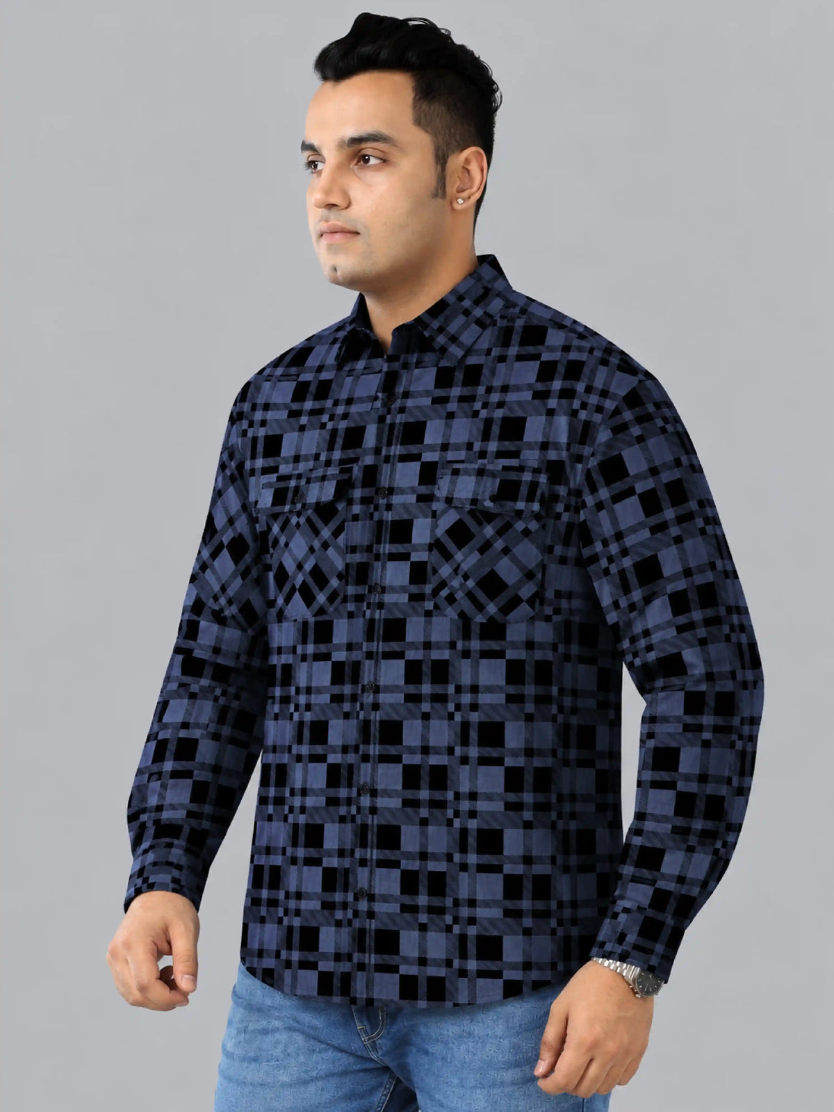 Black checks Denim Printed Men's Plus Size Double Pocket Full Sleeve Shirt
