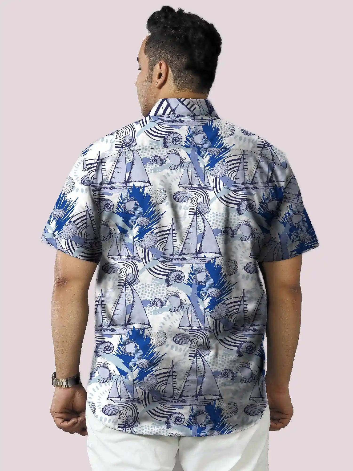 Reef Blue Boat Digital Printed Men's Plus Size Half Sleeve Shirt
