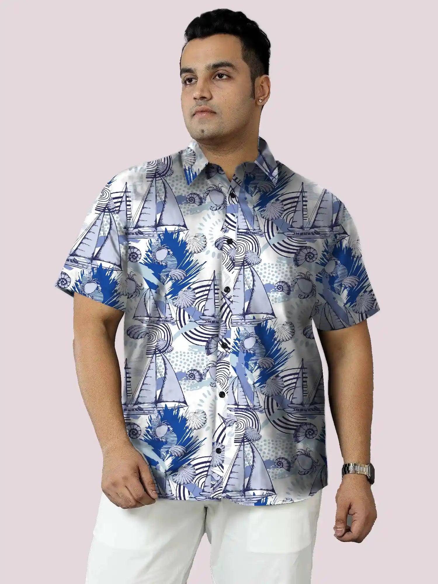 Reef Blue Boat Digital Printed Men's Plus Size Half Sleeve Shirt