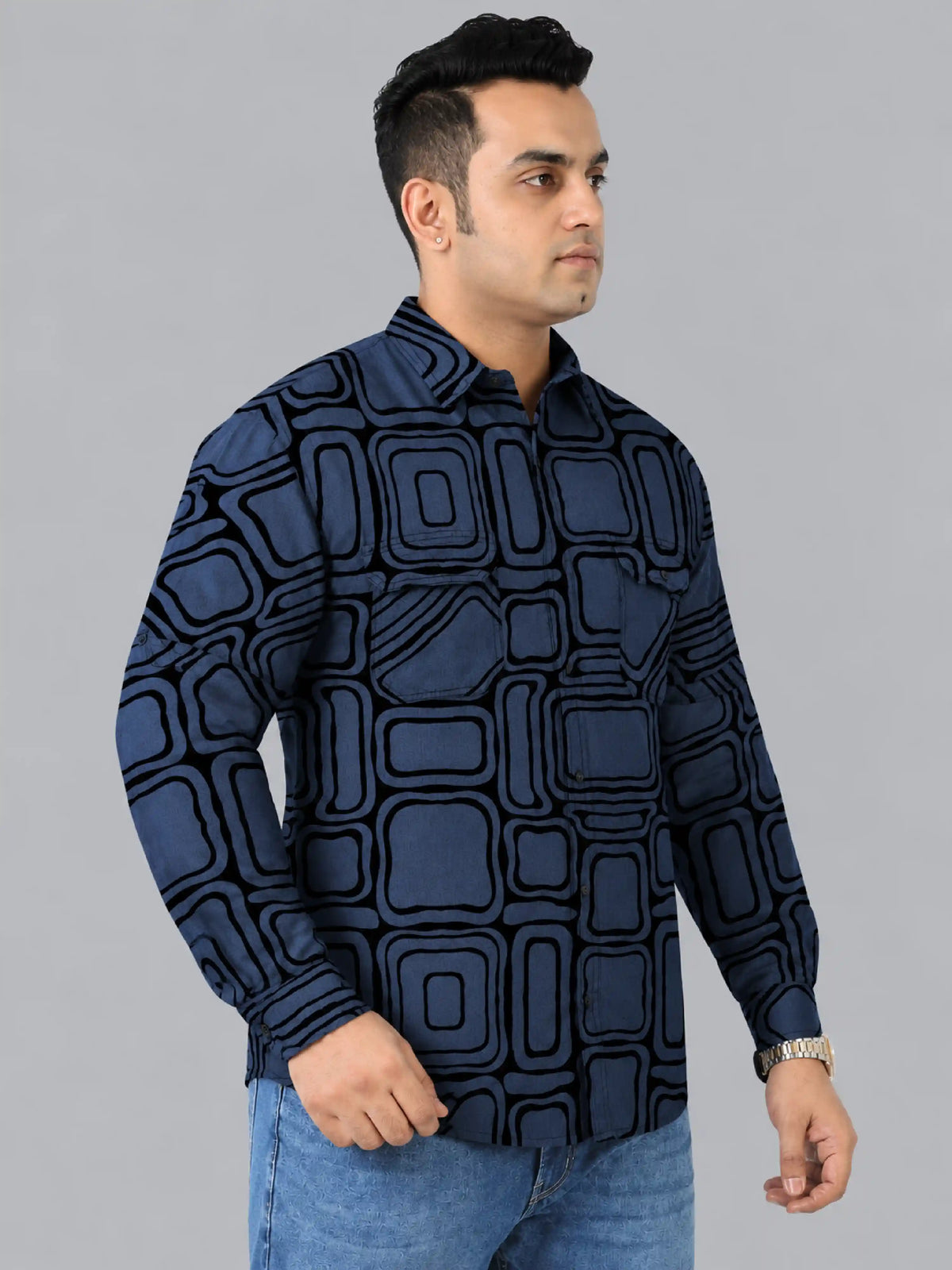 Retro Grid Denim Printed Men's Plus Size Double Pocket Full Sleeve Shirt