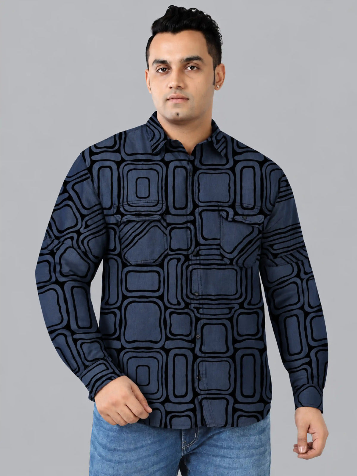 Retro Grid Denim Printed Men's Plus Size Double Pocket Full Sleeve Shirt