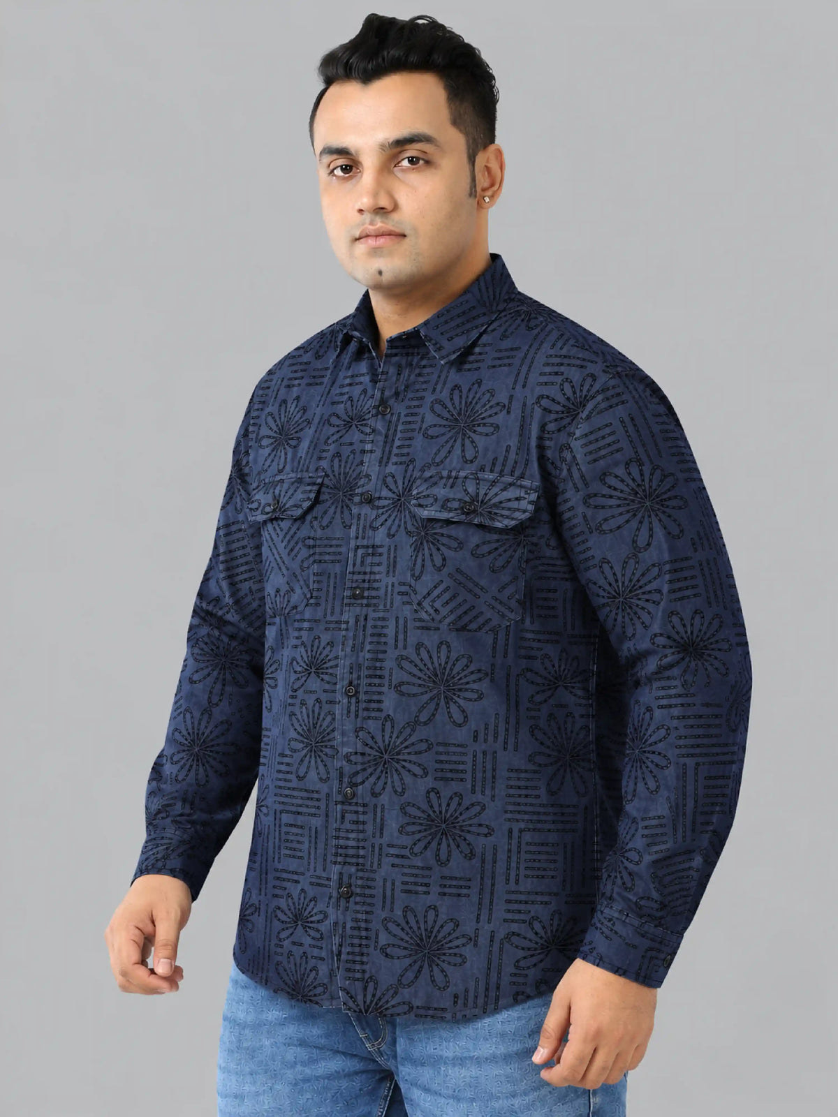 Bloom Line Denim Printed Men's Plus Size Double Pocket Full Sleeve Shirt