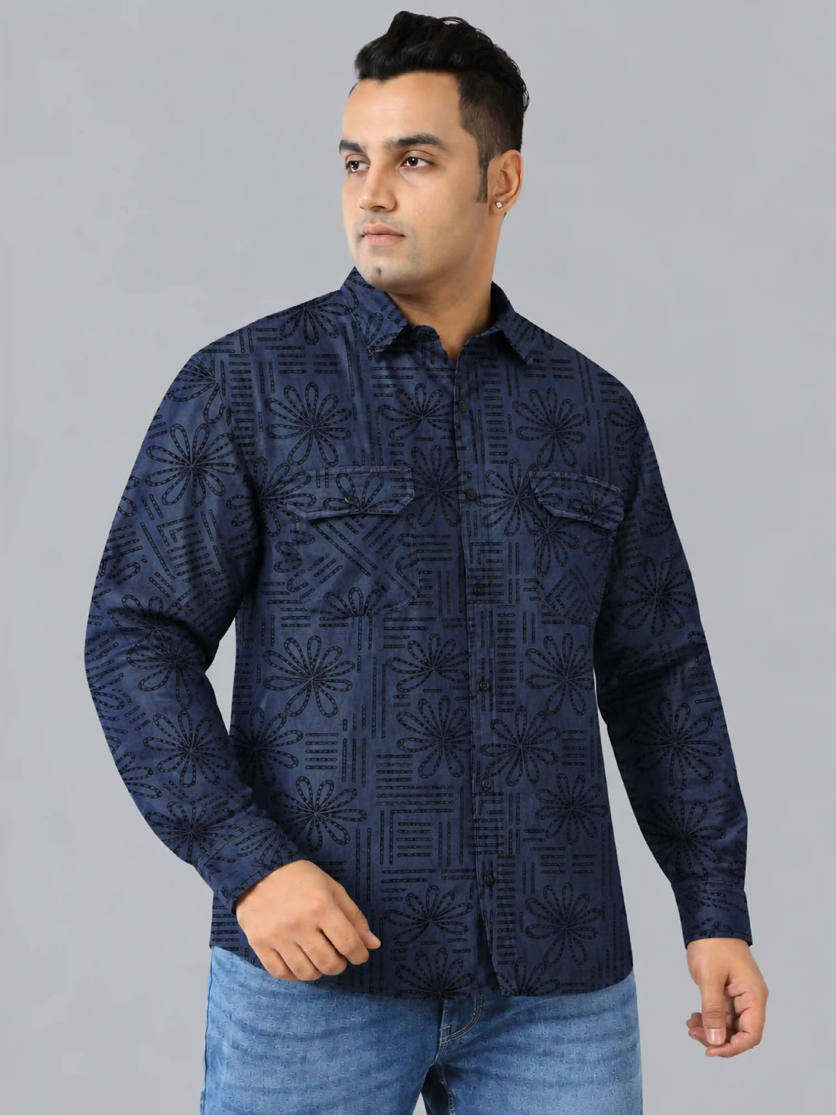 Bloom Line Denim Printed Men's Plus Size Double Pocket Full Sleeve Shirt