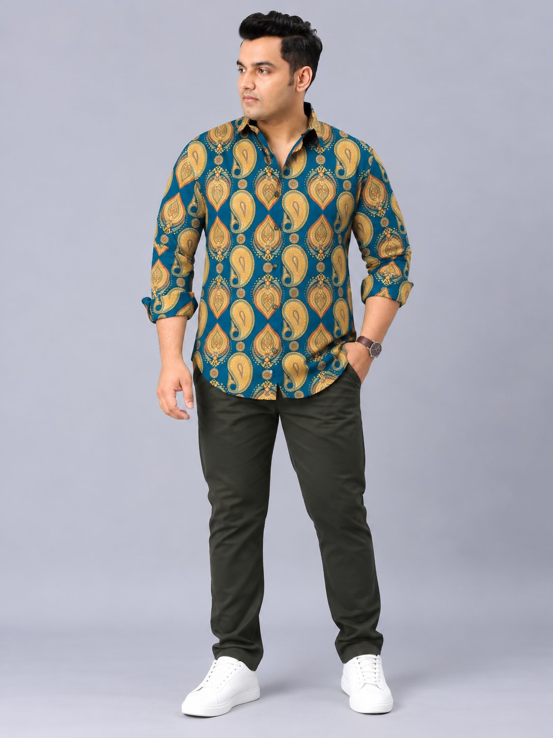 Paisley Pattern Digital Printed Men's Plus Size Full Sleeve Shirt