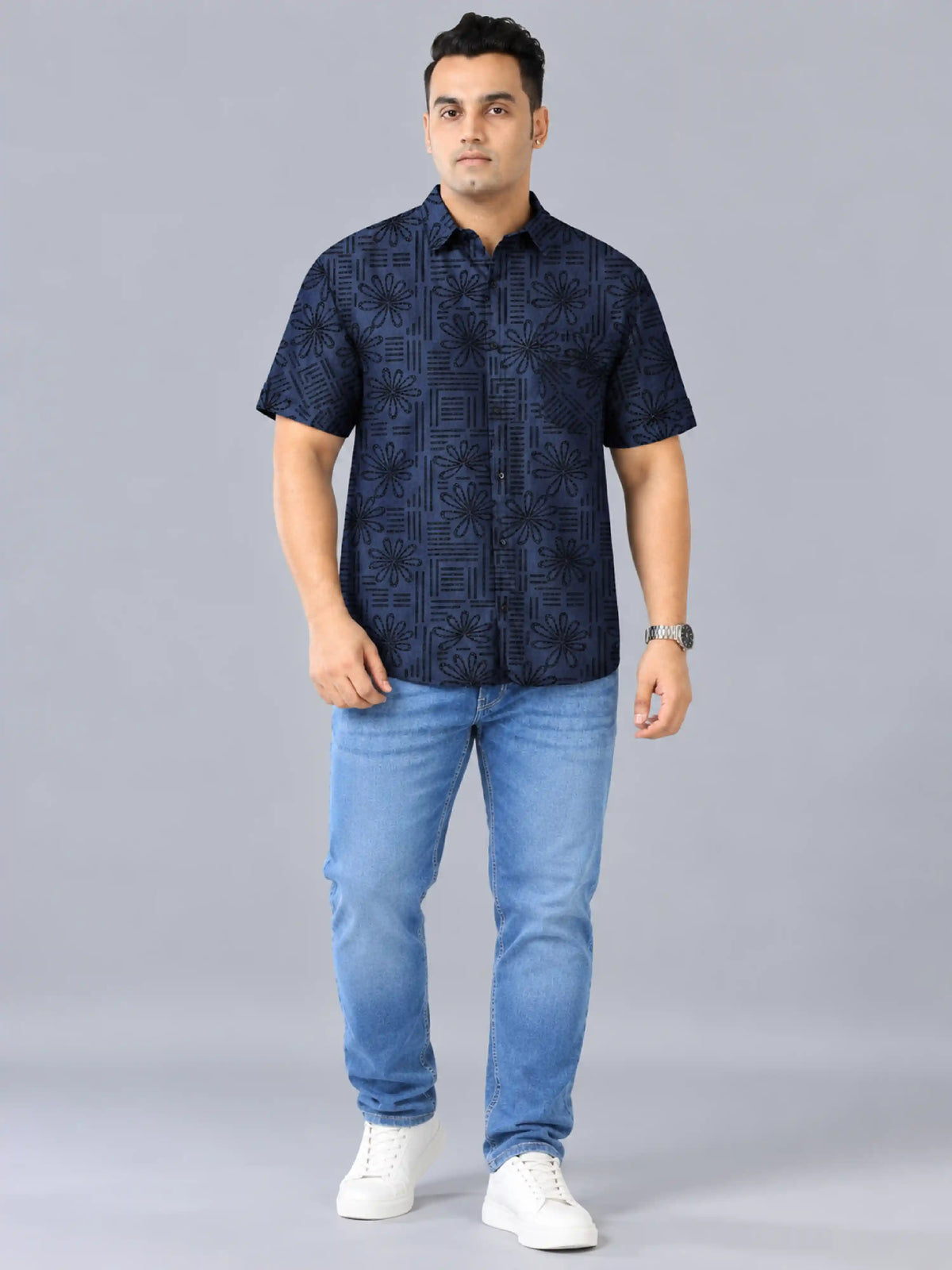 Bloom Line Denim Printed Men's Plus Size Single Pocket Half Sleeve Shirt