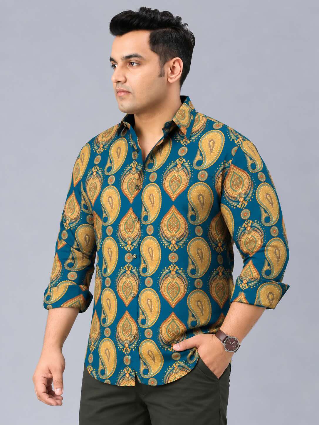 Paisley Pattern Digital Printed Men's Plus Size Full Sleeve Shirt