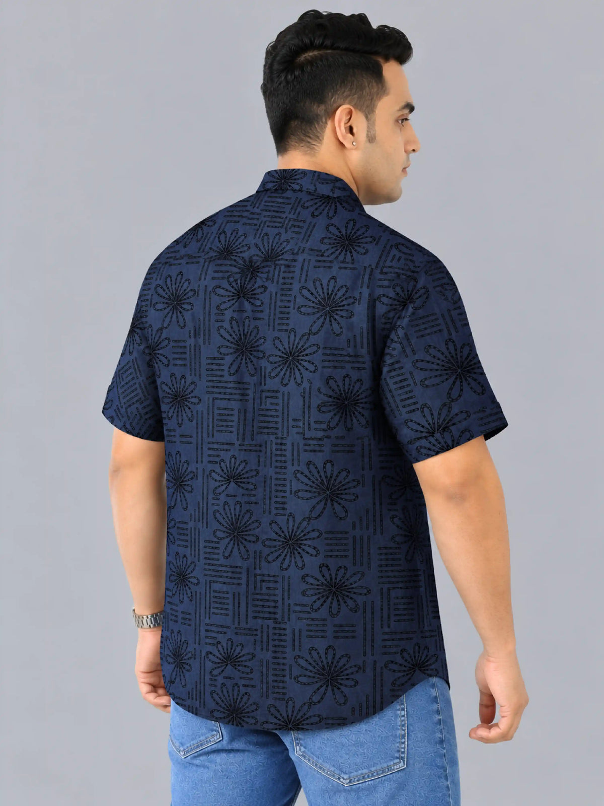 Bloom Line Denim Printed Men's Plus Size Single Pocket Half Sleeve Shirt
