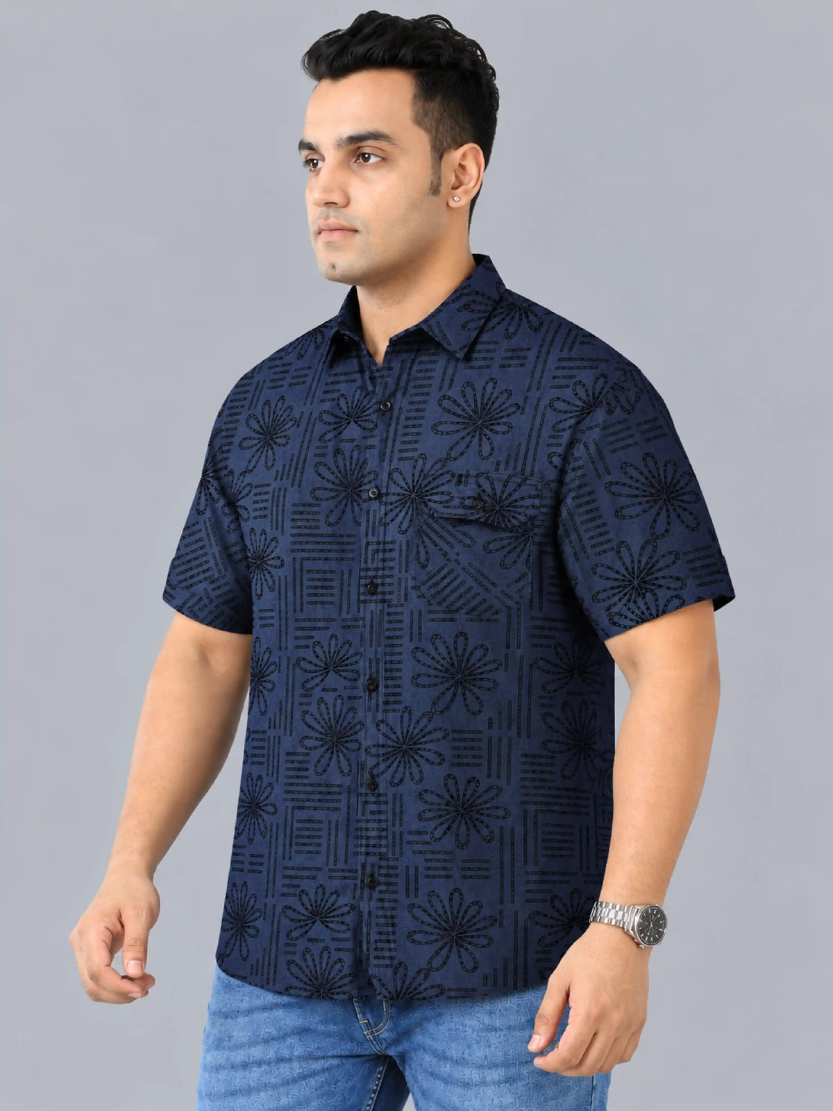 Bloom Line Denim Printed Men's Plus Size Single Pocket Half Sleeve Shirt