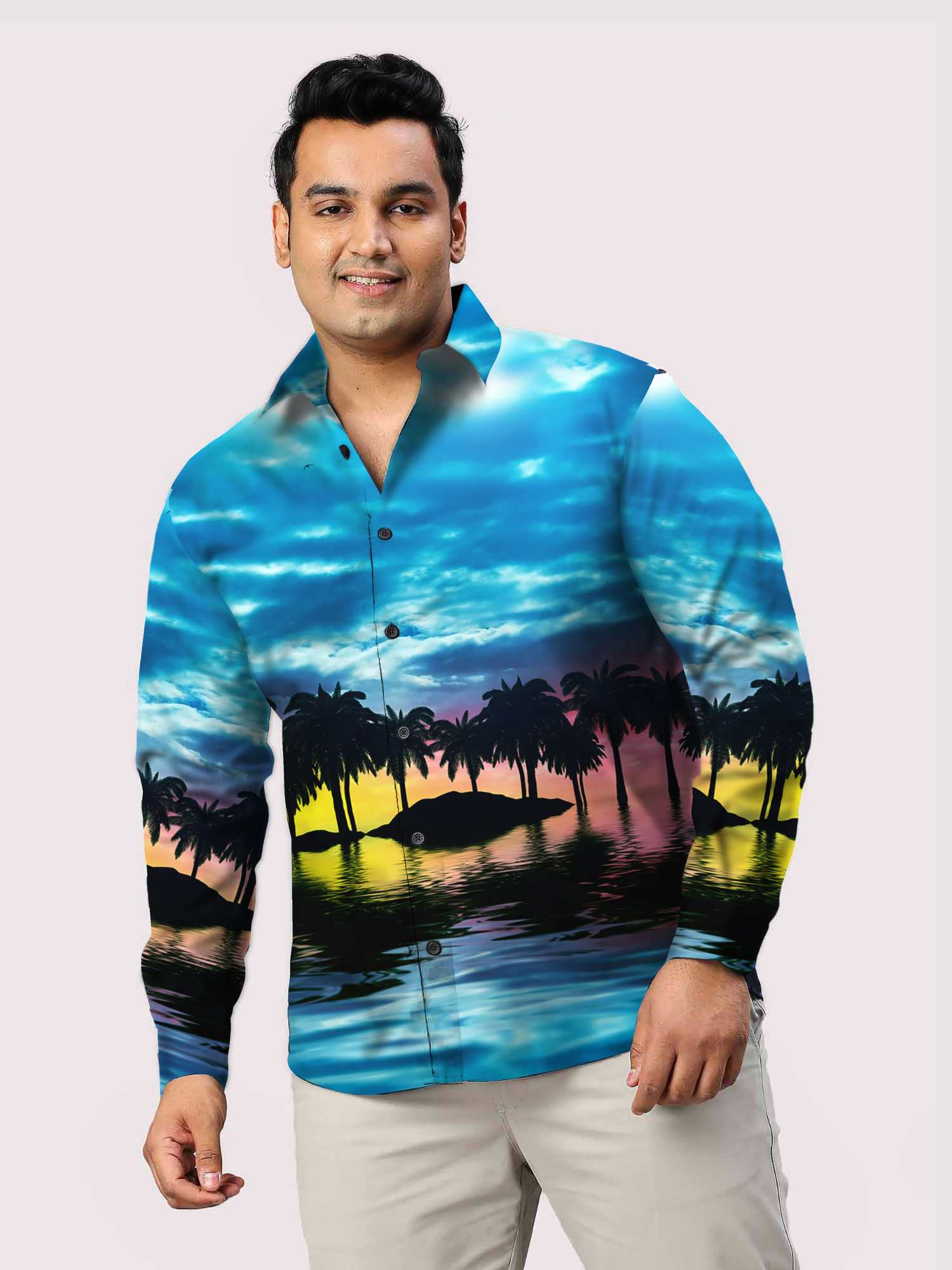 Tropical Sunset  Design Printed Party Wear Shirts Men's Plus Size