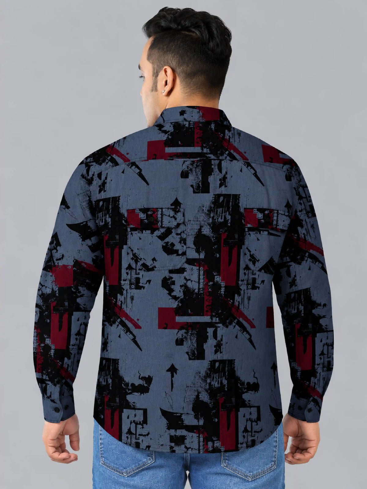 Urban Chaos Denim Printed Men's Plus Size Double Pocket Full Sleeve Shirt