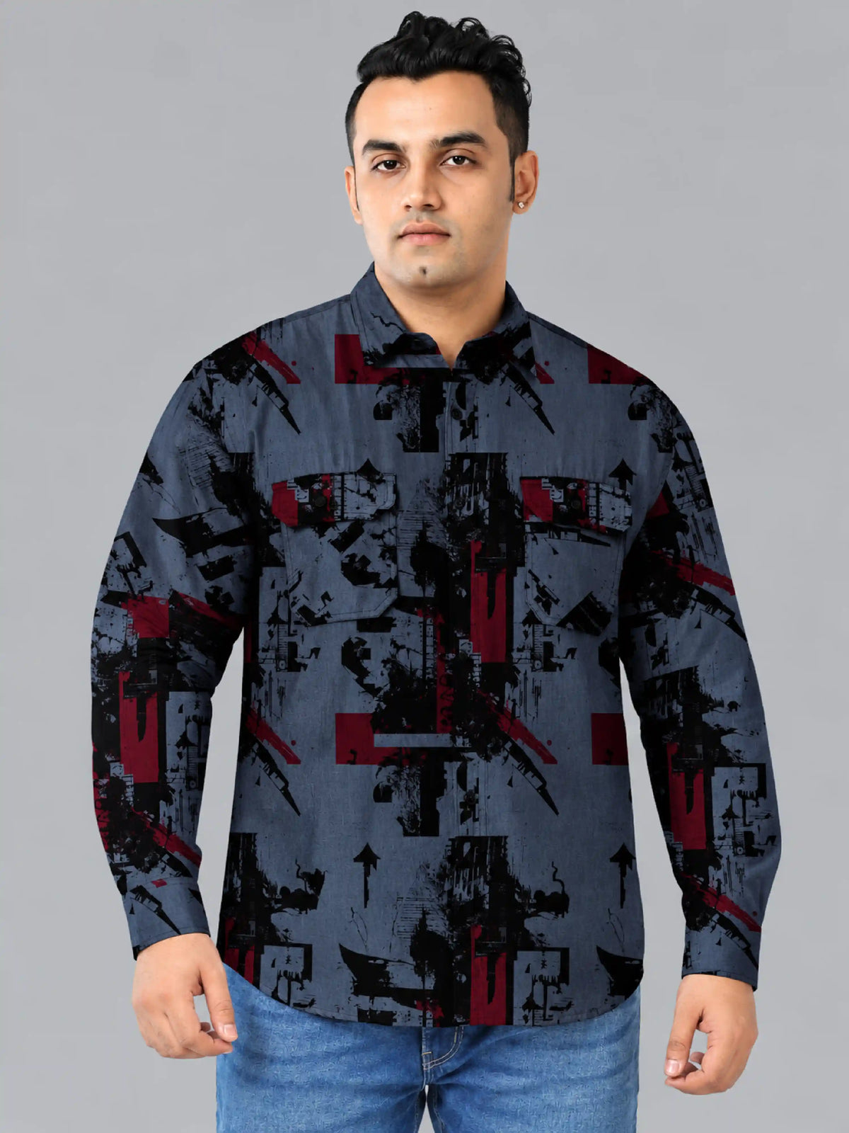 Urban Chaos Denim Printed Men's Plus Size Double Pocket Full Sleeve Shirt