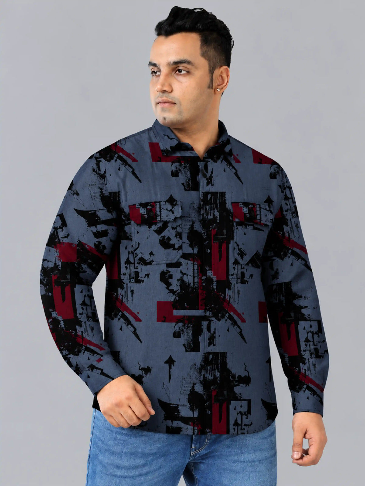 Urban Chaos Denim Printed Men's Plus Size Double Pocket Full Sleeve Shirt
