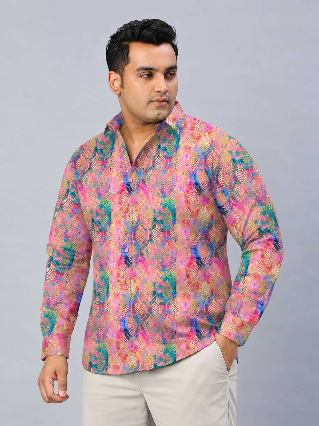 Vibrant Batik Design Digital Printed Men's Plus Size Full Sleeve Shirt