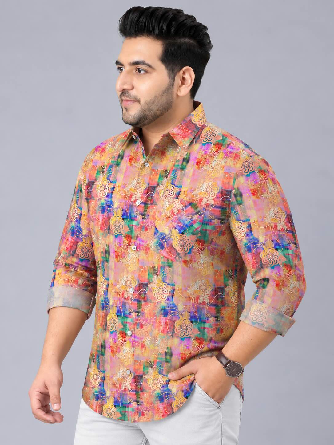 Blends Organic Floral Digital Printed Men's Plus Size Full Sleeve Shirt