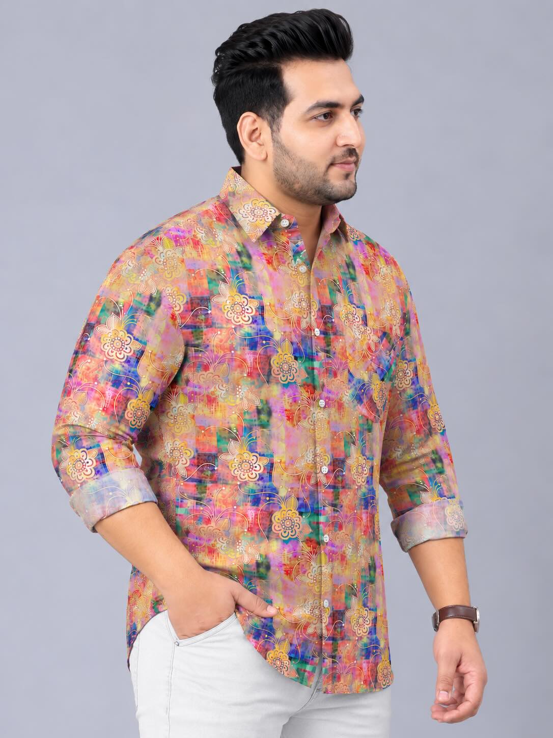 Blends Organic Floral Digital Printed Men's Plus Size Full Sleeve Shirt